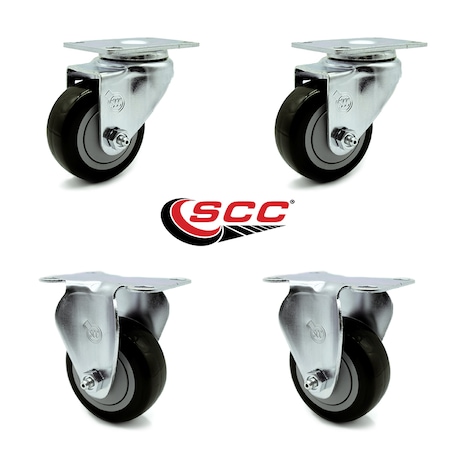 Service Caster 3 Inch Black Polyurethane Wheel Swivel Top Plate Caster Set with 2 Rigid SCC SCC-20S314-PPUB-BLK-2-R314-2